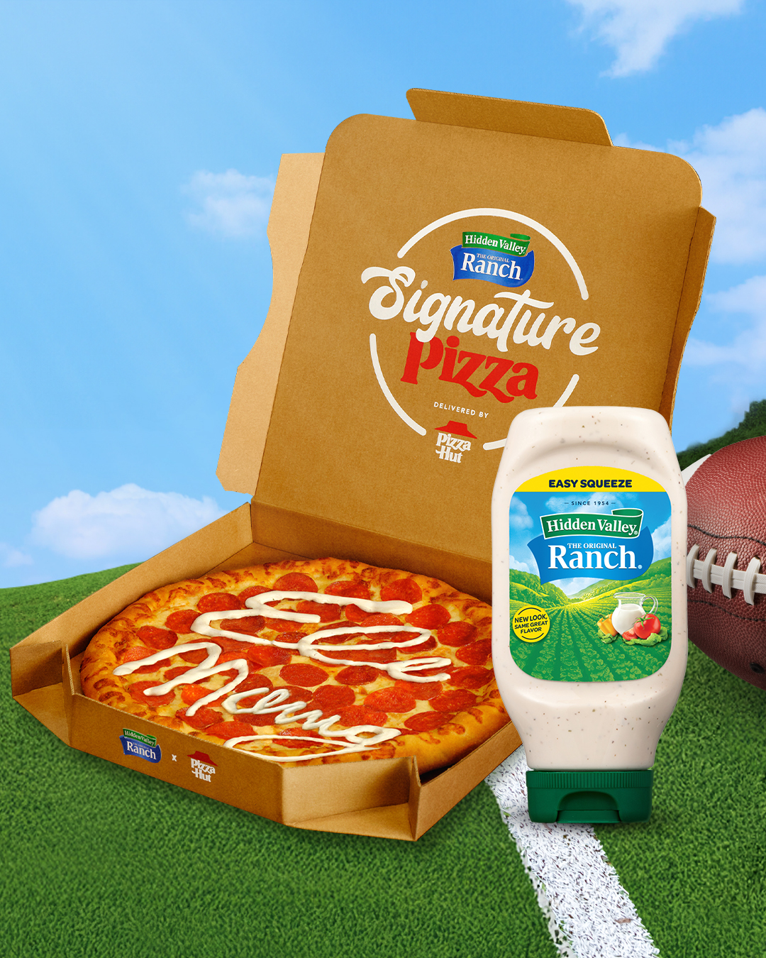 A Hidden Valley® Ranch Easy Squeeze bottle and a box of pizza with Eli Manning's signature